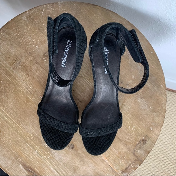 Jeffrey Campbell Laura Ankle Strap Heeled Sandals Black Suede Embossed Size 8 - Picture 6 of 12